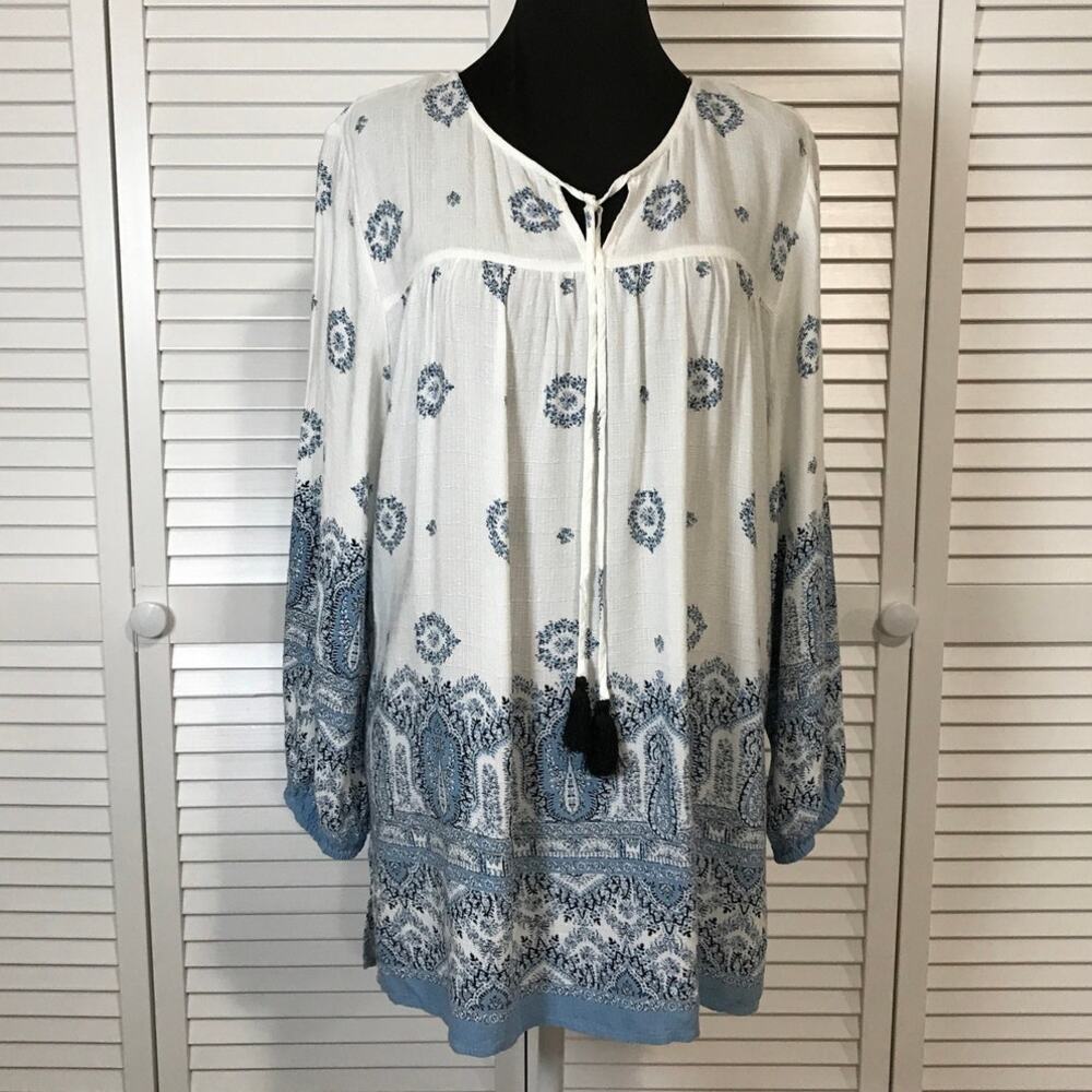 Angie Boho Blue Tassel Paisley Flowy Relaxed Bell ¾ Sleeve Tunic Blouse 1X